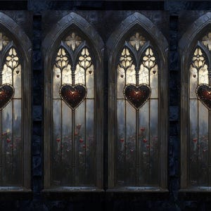 May include: Four gothic arched windows with stained glass featuring a red heart design. The windows are set in a dark stone wall.