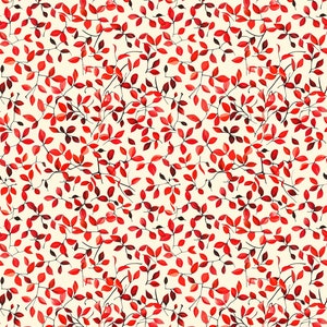 May include: A seamless pattern featuring red leaves on a cream background. The leaves are arranged in a random pattern, creating a delicate and elegant design.