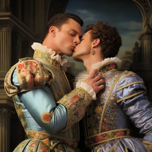 Peacocks--Two Men in Fantasy Late 16th Century Dress Stealing a Kiss--Digital Print by DC Williams--10 x 10--Instant Download