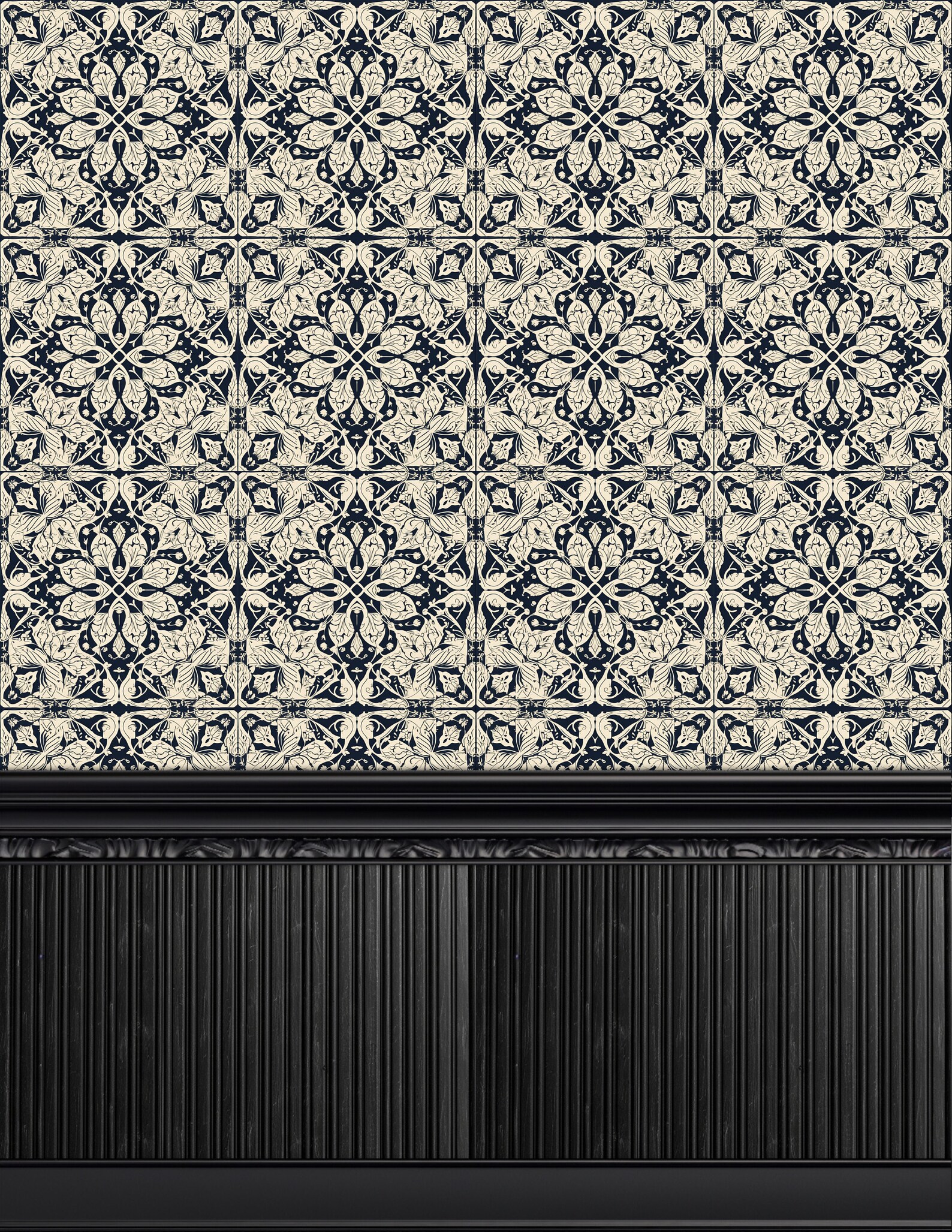 Cute Baseboard Pattern Printable Dollhouse Wallpaper, Black and Ivory Square Lace Victorian ...