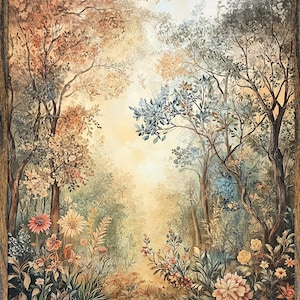 May include: A painting of a forest scene with a path leading through the trees. The trees are a mix of green, brown, and blue, and there are flowers blooming along the path. The painting has a soft, dreamy feel.