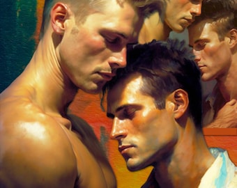 May include: A painting depicting three men with short hair. The men are positioned closely, with their heads touching. The painting is executed in a realistic style, with an emphasis on the men's faces and expressions. The background is a blend of orange, yellow, and green.