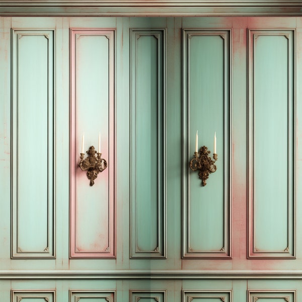 Dollhouse Wallpaper, Verdigris Wooden Panels with Sconces, Alcove, and Plain Wall--JPG Files--Instant Download