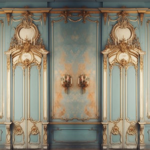 Könnte beinhalten: Eine Wand im Vintage-Stil mit verzierten goldenen Verzierungen und blauen bemalten Paneelen. Die Wand verfügt über drei große, dekorative Bogenportale mit aufwendigen Schnitzereien.