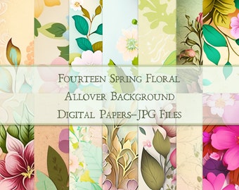 Fourteen Spring Floral Background Digital Papers--12 x12--JPG files--Commercial Use