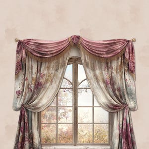 May include: A pair of floral patterned curtains with a burgundy and cream color scheme. The curtains are tied back with a burgundy velvet valance and feature gold tassels. The curtains are hung on a window with a view of a fall forest.