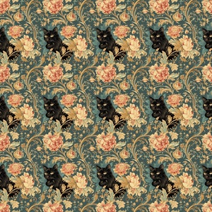 Puede incluir: Patrón repetitivo con gatos negros y grandes flores estilizadas en tonos melocotón, crema y oro. El fondo es de color verde azulado oscuro, con vides doradas arremolinadas que conectan los elementos florales y felinos.