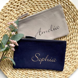 Borsa cosmetica personalizzata con il nome desiderato | Custodia individuale per cellulare | Astuccio | Borsa di cotone | Borsa per il trucco | Grigio naturale blu rosa