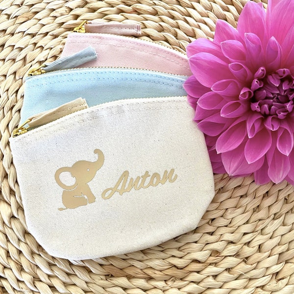 Personalisierte kleine Tasche mit Wunschnamen u. Babyelefanten I Schnullertasche I Geschenk zur Geburt /zur Taufe / Kosmetiktasche fürs Baby