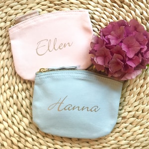 Personalisierte Kosmetiktasche mit Wunschnamen I Individualisierbare Schminktasche I Rosa Mini-Tasche I blau natur I Geldbeutel I Baumwolle