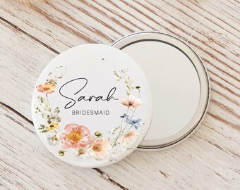 Wild Flower Personalised Pocket Mirror Bridal Shower Gift, Bridesmaid, Maid of Honour, Bride, Hen Party, Bridesmaid Proposal Box Filler MN40