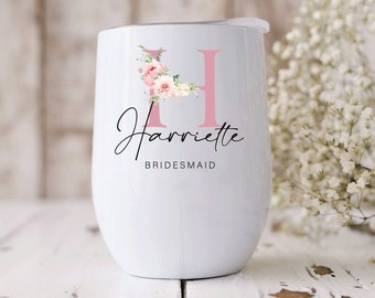 Personalised Pink Floral Insulated Wine Cup, Wedding Party Gift, Bridesmaids Proposal Gift, Thank you gift, Steel Tumbler NM14