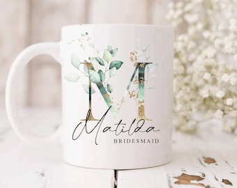 Personalised Eucalyptus Bridesmaid Mug, Wedding Gift Set, Bridal Party Gift, Custom Name Mug and Coaster