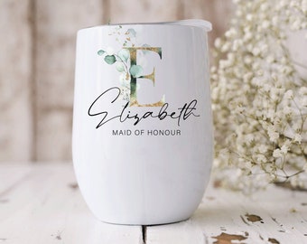 Personalised Eucalyptus Insulated Wine Cup, Wedding Party Gift, Bridesmaids Proposal Gift, Thank you gift, Steel Tumbler NM08