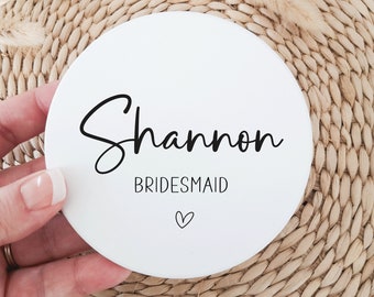 Custom Name Bridesmaid Coaster, Black Text with Heart, Bridal Party Gift, Hen Party Placename, Proposal Giftbox Idea, Gift from Bride