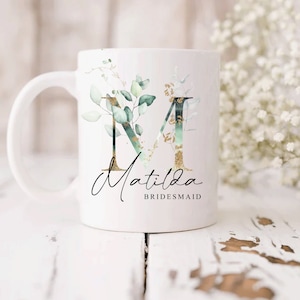 Personalised Eucalyptus Bridesmaid Mug, Wedding Gift Set, Bridal Party Gift, Custom Name Mug and Coaster