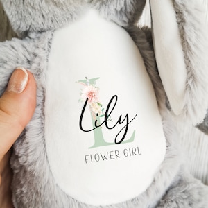 Flower Girl Personalised Teddy Gift, Sage Green Floral Initial, Plush Teddy Soft Toy