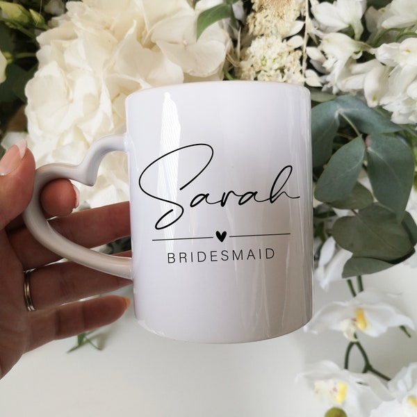 Personalised Wedding Role Mug, Bride to be Gift, Heart Handle Coffee Mug, Proposal Gift for Bridesmaid, Maid of Honour Don1