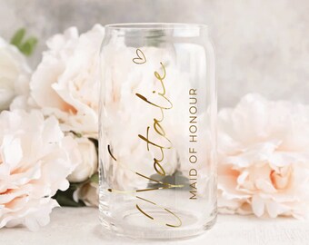 Personalised clear can glass ice coffee cup, beer can glass with name, bridesmaid proposal box glass gift cup bamboo lid and straw NM04