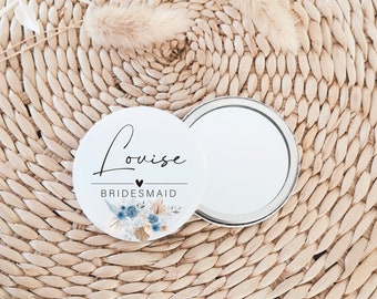 Personalised Boho Blue Pampas Grass Pocket Mirror, Bridesmaid, Maid of Honour, Bride, Hen Party, Bridesmaid Proposal, Bridal Shower Don1