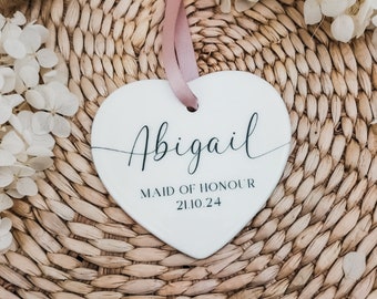 Maid of Honour Proposal Gift | Personalised Wedding Gift | Ceramic Hanging Keepsake | Wedding Announcement Ornament | Wedding Place Name Tag
