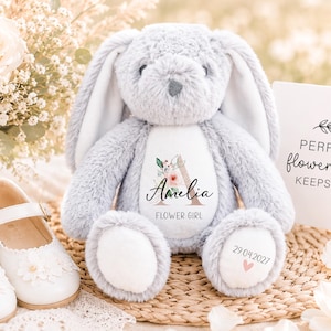 Flower Girl Personalised Teddy Gift, Pink Floral Initial, Plush Teddy Soft Toy