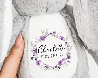 Flower Girl Personalised Teddy Gift, Lavender Purple Floral Initial, Plush Teddy Soft Toy TED-LAV-02