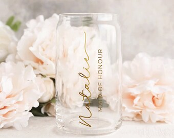 Personalised clear can glass ice coffee cup, beer can glass with name, bridesmaid proposal box glass gift cup bamboo lid and straw NM31