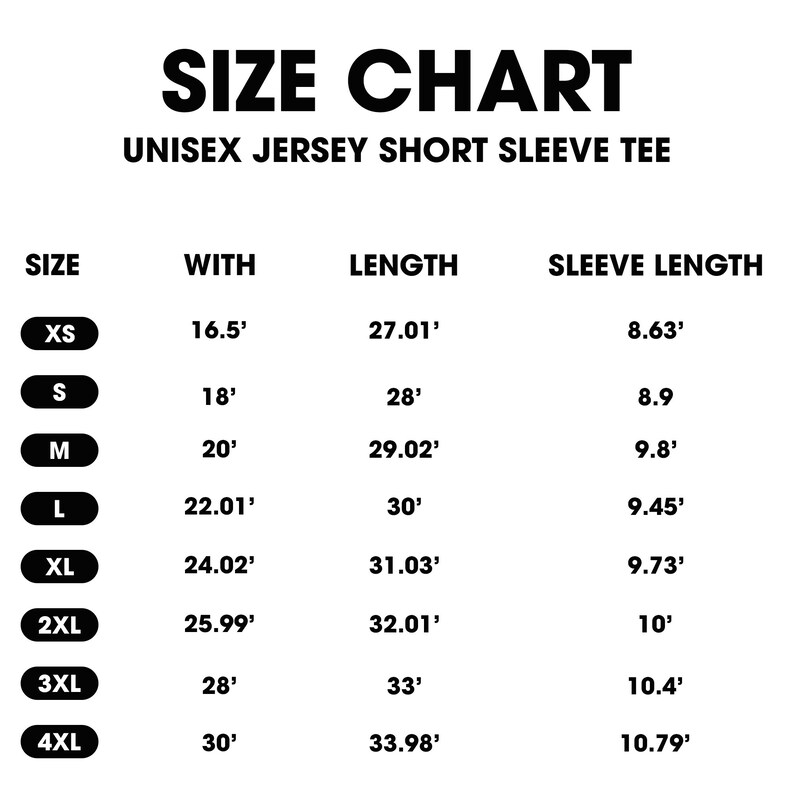 Puede incluir: Tabla de tallas para una camiseta de manga corta de jersey unisex. La tabla muestra la talla, el ancho en pulgadas, la longitud en pulgadas y la longitud de la manga en pulgadas para las tallas XS a 4XL.