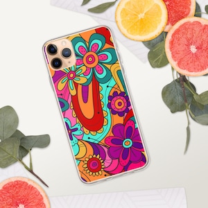 Retro 70s Groovy Flower Phone Case 1970s Hippie Psychedelic Swirl Flower Boho iPhone Case 7/8 11 12 X/XS Pro Max