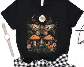 Cottagecore Butterfly Moth Mushroom Moon Botanical Aesthetic Mushroom Shirt For Women - Boho Botanical Shirt - Hippie Shirt - Nature Lover