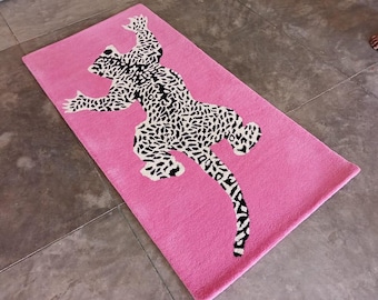 Leopard Area Rug, Animal Print Rug, Pink Area Rug Carpet, Hand Tufted Carpet 100% woolen Rug, Outdoor Leopard Rug, Non Slip Rug Mat