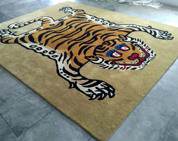 Tibetan Tiger Rug Light Orange Colored New Zealand Wool Rug Animal Print Tibetan Knotted Hand Tufted Rug 2x3 3x5 4x6 5x8 6x9 7x10 8x10 9x12