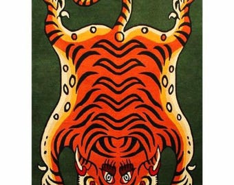 Hand Tufted Wool Tiger Rug, Art Deco Style Area Carpet, 9x12 gold tiger rug, pink tiger rug 10x14