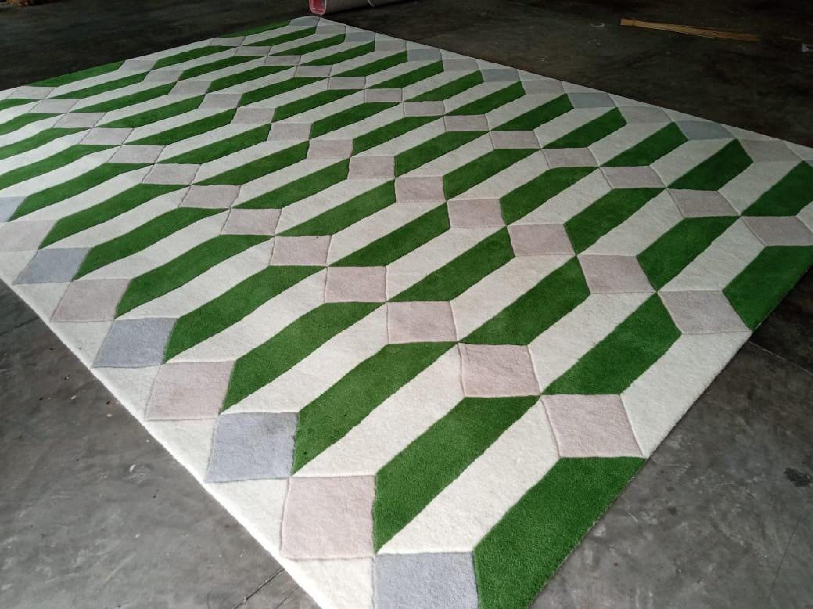 Hand Tufted Faceted Tile Rug | Emerald Green Wool Rug | White Area Rug ...