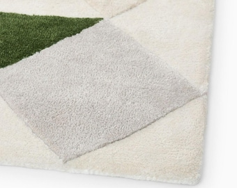 Hand Tufted Faceted Tile Rug | Emerald Green Wool Rug | White Area Rug | 9x12 Wool Rugs | Minimalist Decor Rug | Living Room Rug