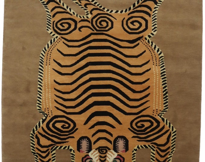 Tibetan Tiger Rug, Brown and Yellow Woven Wool Area Rug in Different Sizes, Tiger Design Rug, Modern Animal Rugs for Children Room, Bedroom