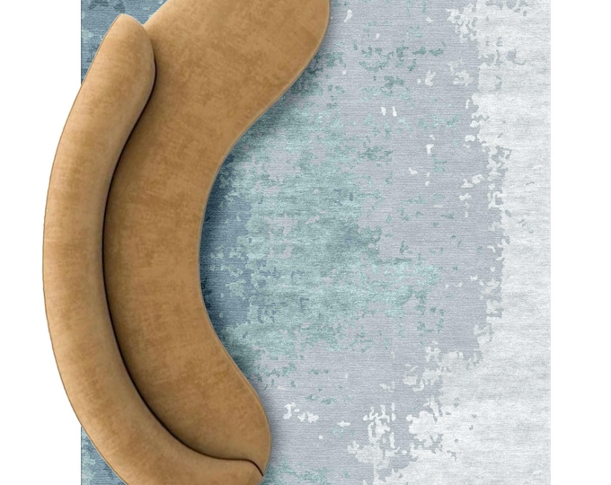 Luxury Hand-Knotted Wool Area Rug | Abstract Blue Gray Modern Design | Artisan Living Room Rug | Soft Textured Statement Carpet