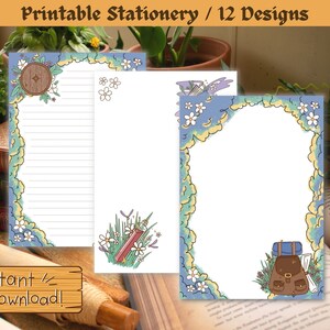 May include: Printable stationery featuring 12 designs with whimsical illustrations. The designs include a door, a sword, a backpack, and flowers. The text "instant download!" is also included.