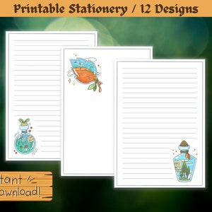 May include: Printable stationery featuring 12 designs with illustrations of bottles and leaves. The text "instant download!" is on a wooden sign.