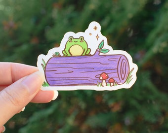 Frog on Log Sticker | Glossy Die Cut 3"x2" Vinyl | Cute Fantasy RPG | 'In the Forest' Collection by The Honey Mustard Club