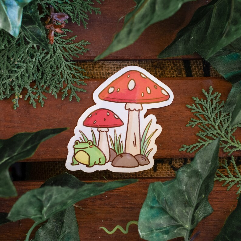 Frog and Mushrooms Sticker Glossy Die Cut 3 Vinyl Cute Fantasy RPG 'In the Forest' Collection by The Honey Mustard Club image 1
