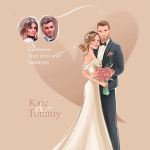 Benutzerdefinierte Hochzeitseinladung, Jahrestagsgeschenk, Paar-Familien-Porträt-Illustrations-Bild vom Foto-Brautdusche Engagiment Disney-Art