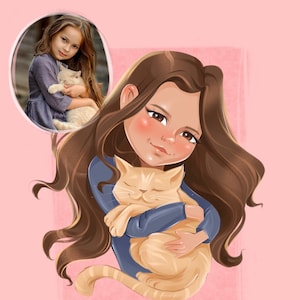Cartoon Familie Portret, Huisdier Portret, Kinderen Poster, Kat Kweuwen, Gift Moeder Van Foto, Huisdier Verlies, Huisdier Memorial Mode Illustratie Kinderen