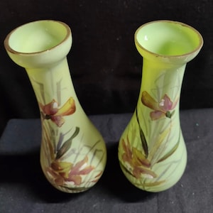 A Gorgeous Pair of Pale Yellow French Opaline Vases with Peach Pink Floral Enameling