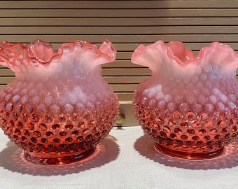 Vintage Opalescent Cranberry Glass Vases, the pair