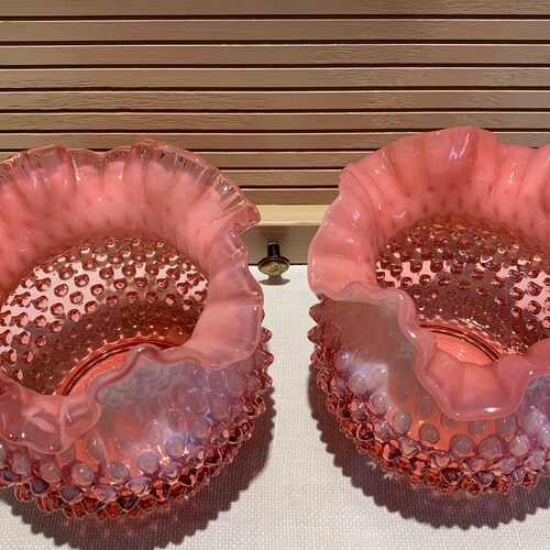 Vintage Opalescent shops Cranberry Glass Vases, the pair