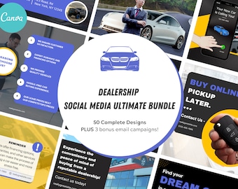 May include: A collage of images promoting a car dealership's social media marketing package. The images feature cars, a dealership building, and a hand holding a car key. The text "DEALERSHIP SOCIAL MEDIA ULTIMATE BUNDLE" is displayed in a blue circle.