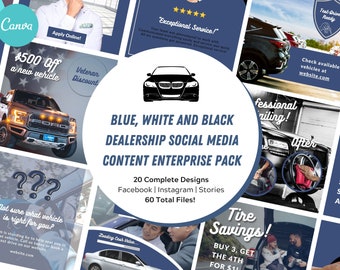 May include: A collage of images promoting a car dealership. The images feature various cars, including a black sedan, a brown pickup truck, and a silver sedan. The text on the images includes "$500 off a new vehicle", "Test-Drive Ready", "Exceptional Service!" and "Blue, White and Black Dealership Social Media Content Enterprise Pack".