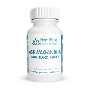 Puede incluir: Botella blanca con una etiqueta azul que dice "New World health brands." La etiqueta tambi&eacute;n dice "Ashwagandha with Black Pepper" y "30 Day Supply - 1310mg Per Serving Dietary Supplement 60 Capsules."